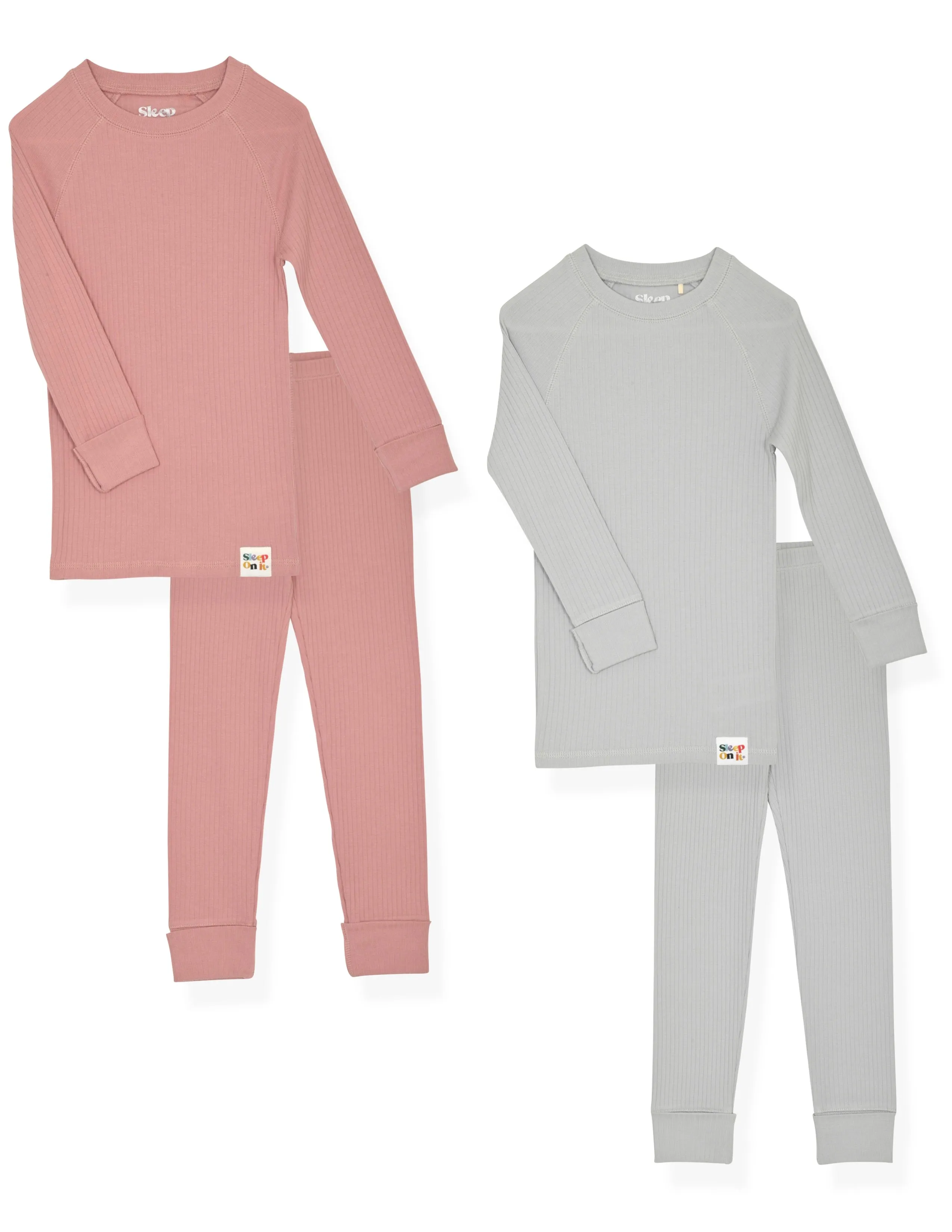 4-Piece 100% Organic Cotton Rib Knit Pajama Sets for Boys & Girls, Pink & Gray