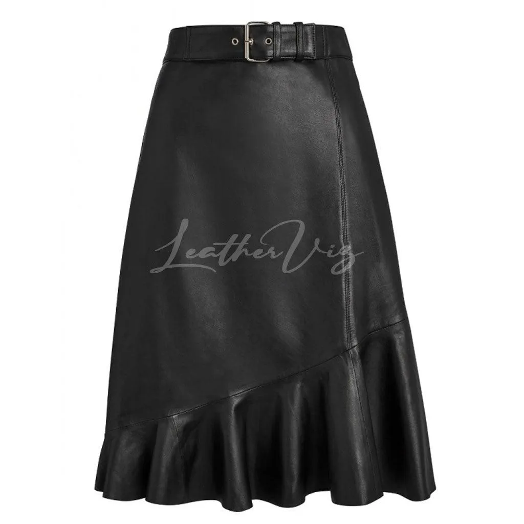 Asymmetric Ruffle Hem Black Leather Skirt For Women