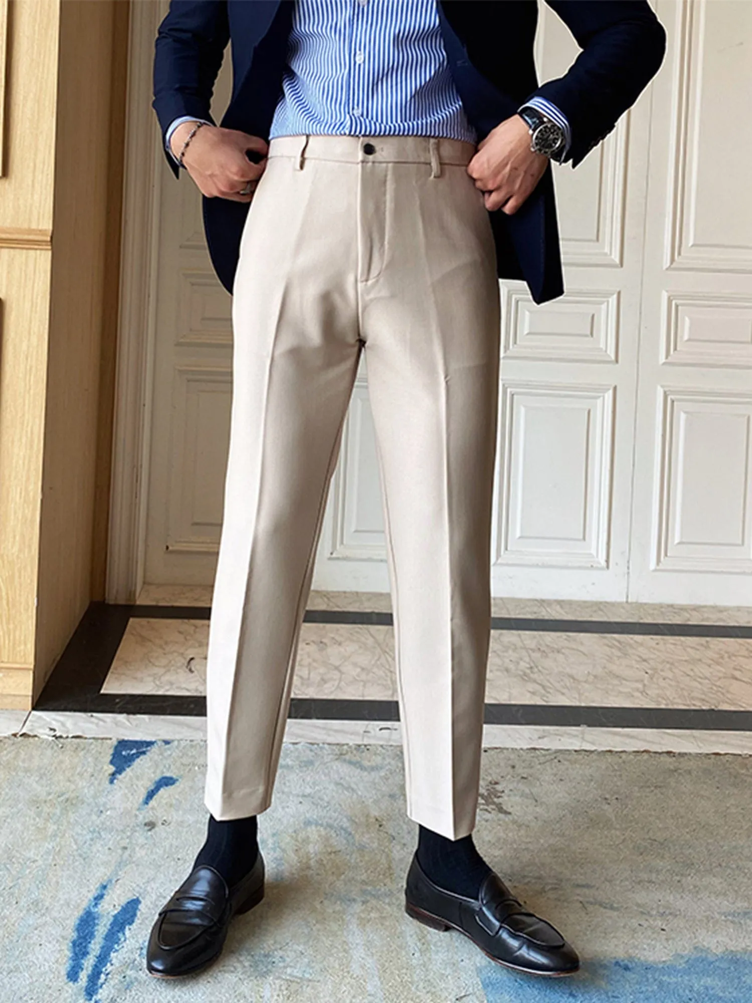 Beige Men's Business Casual Slim Straight Pants