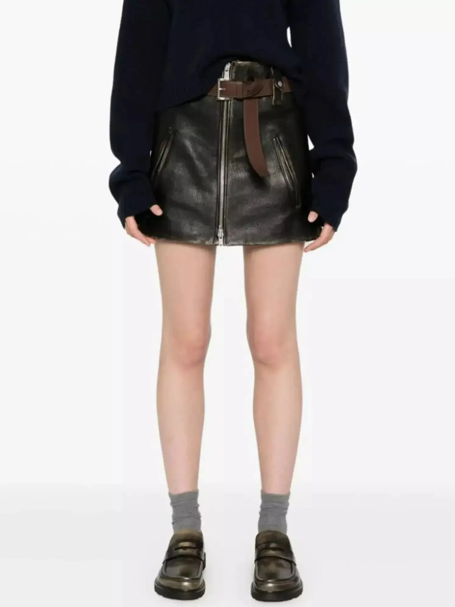 Belted Black Leather Zip Mini Skirt