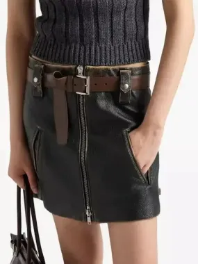 Belted Black Leather Zip Mini Skirt