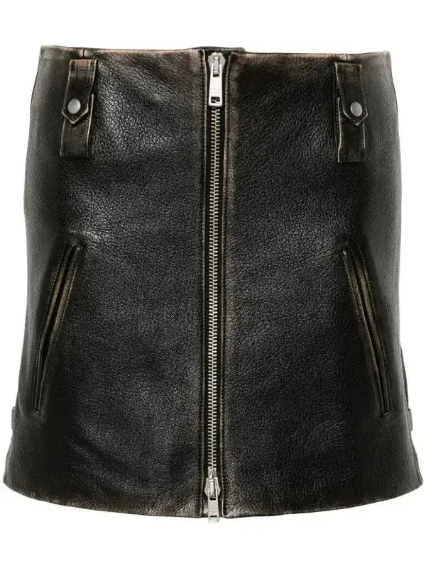 Belted Black Leather Zip Mini Skirt