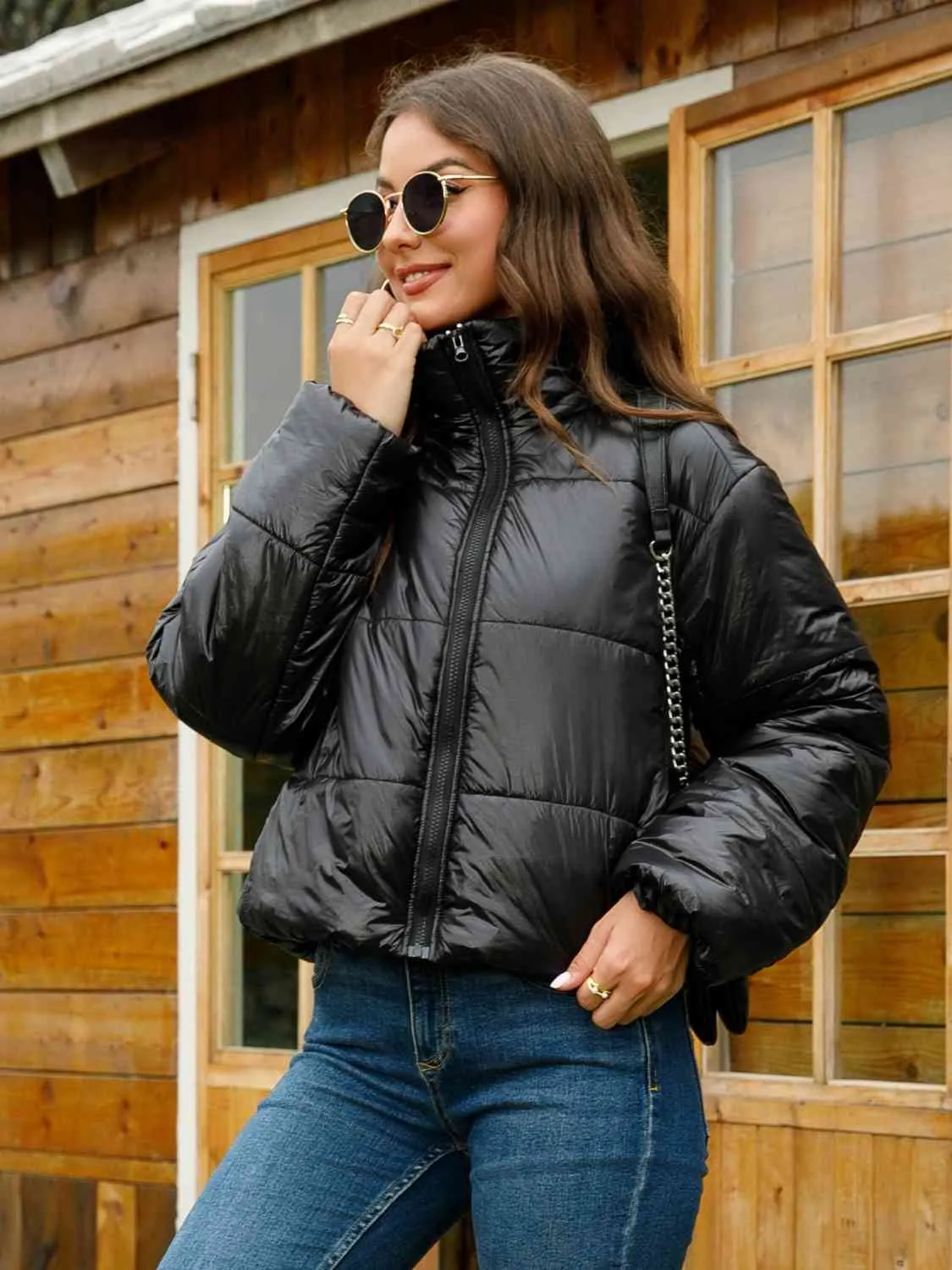 Black Full Zip Stand Collar Puffer Jacket