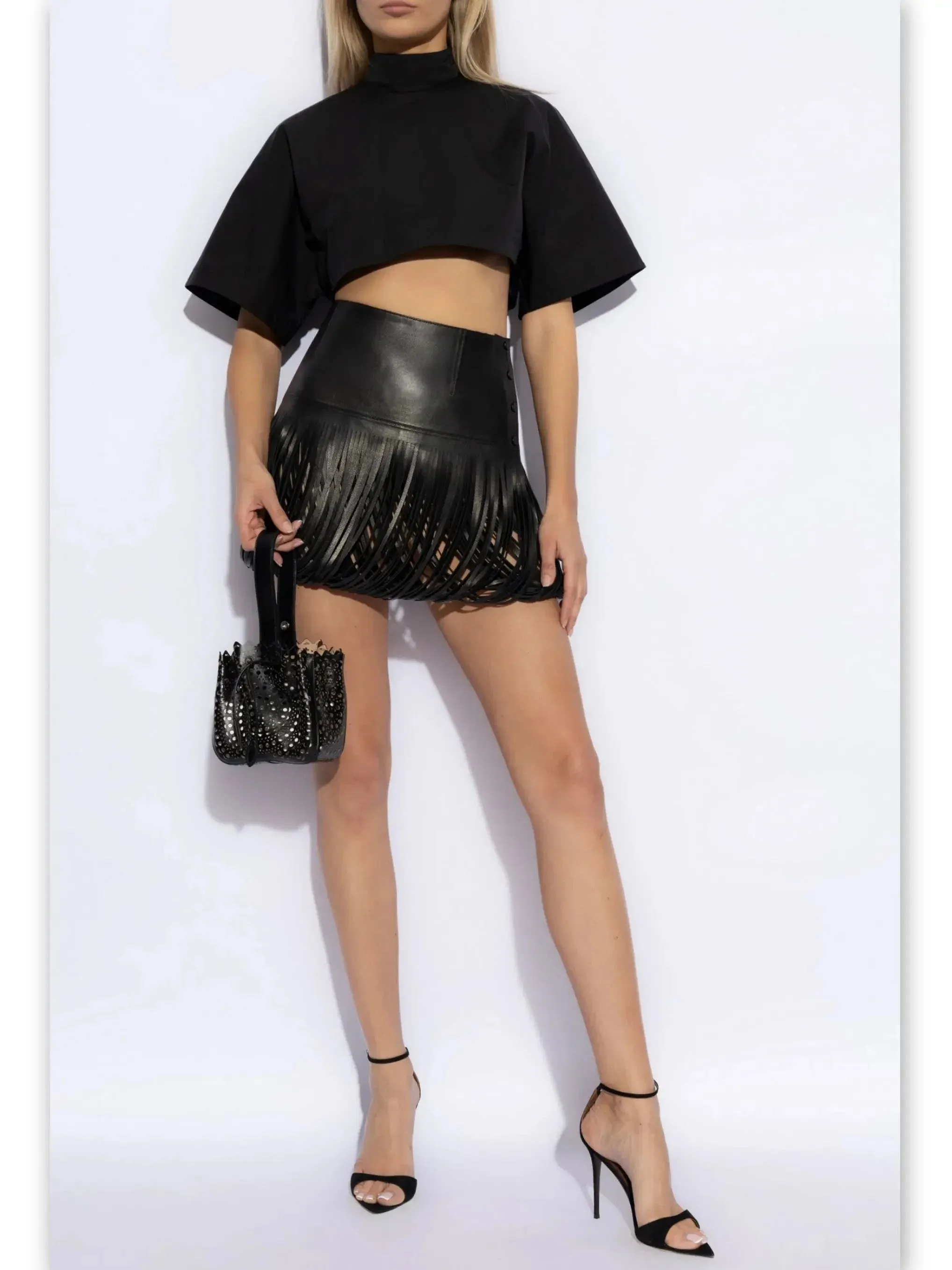 Black Leather Fringed Mini Skirt