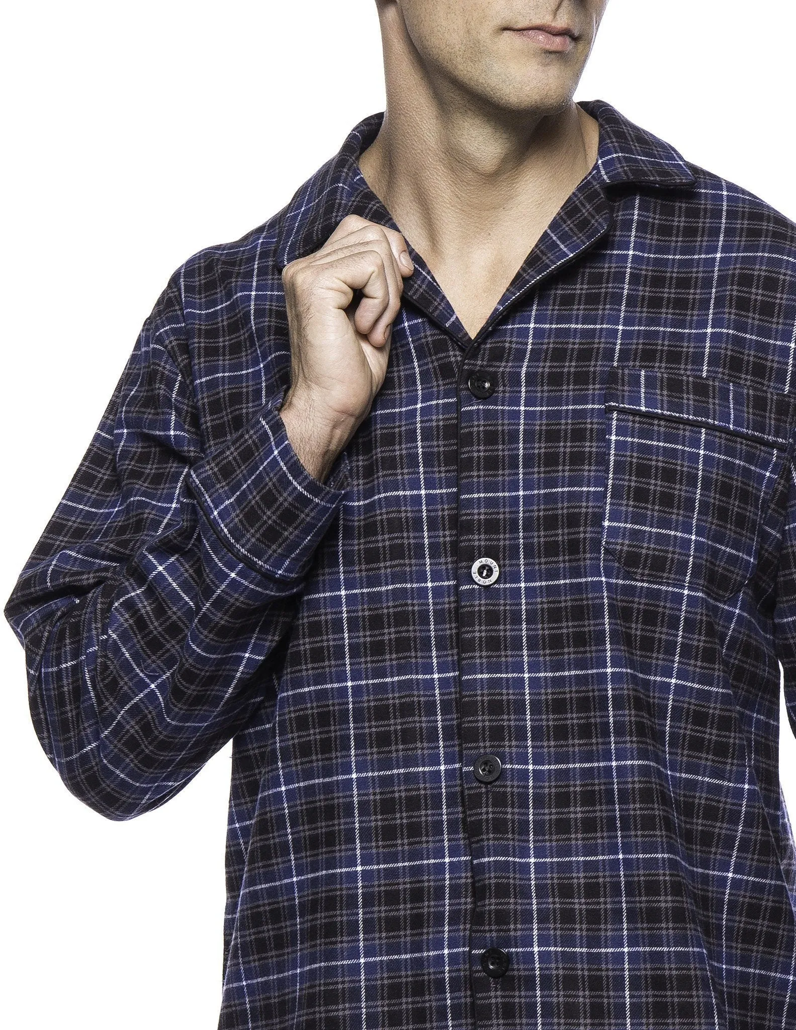 Box Packaged Men's Premium 100% Cotton Flannel Pajama Sleepwear Set - Plaid Navy/Black