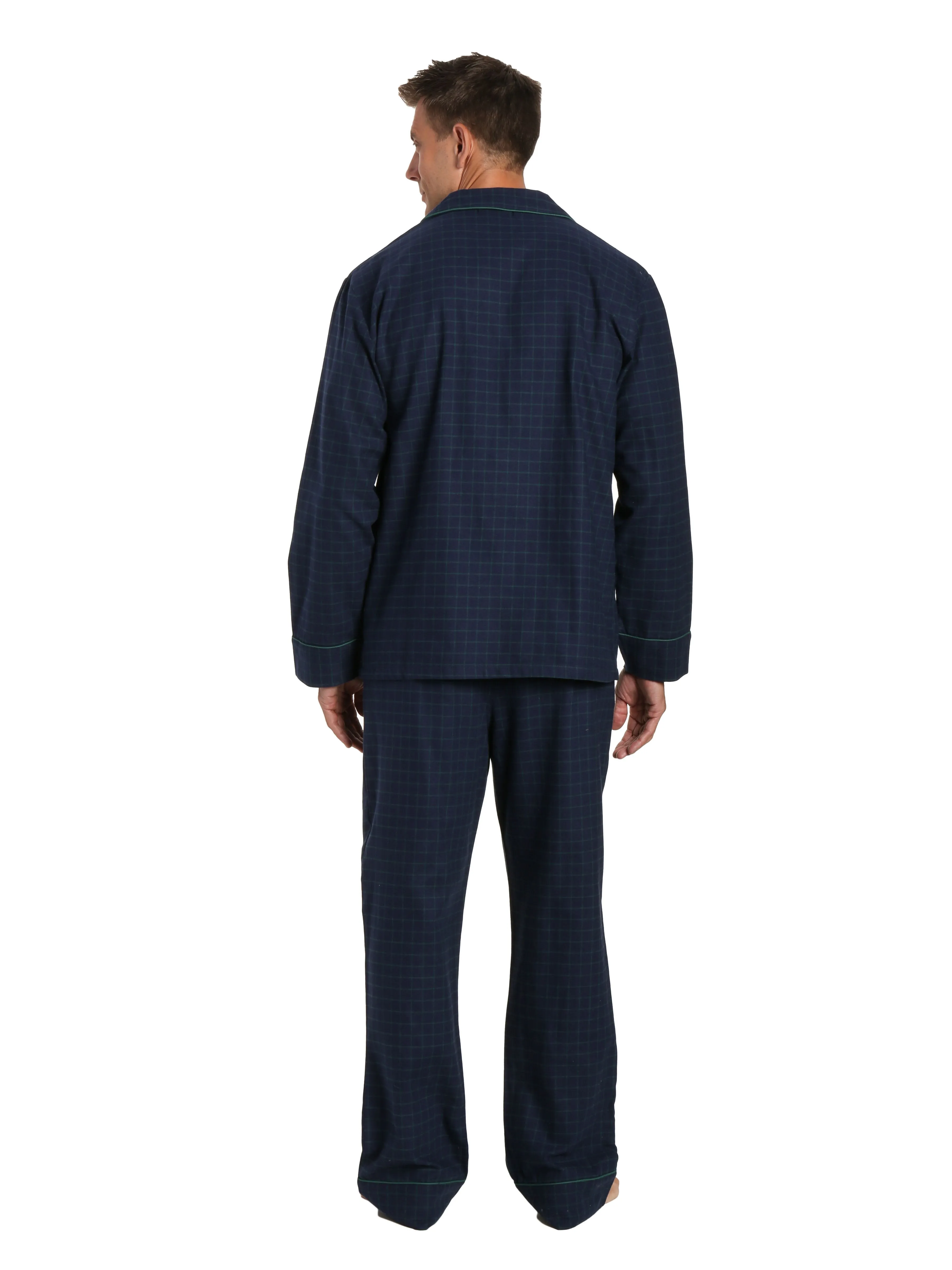 Box Packaged Men's Premium 100% Cotton Flannel Pajama Sleepwear Set - Windowpane Checks - Navy Green