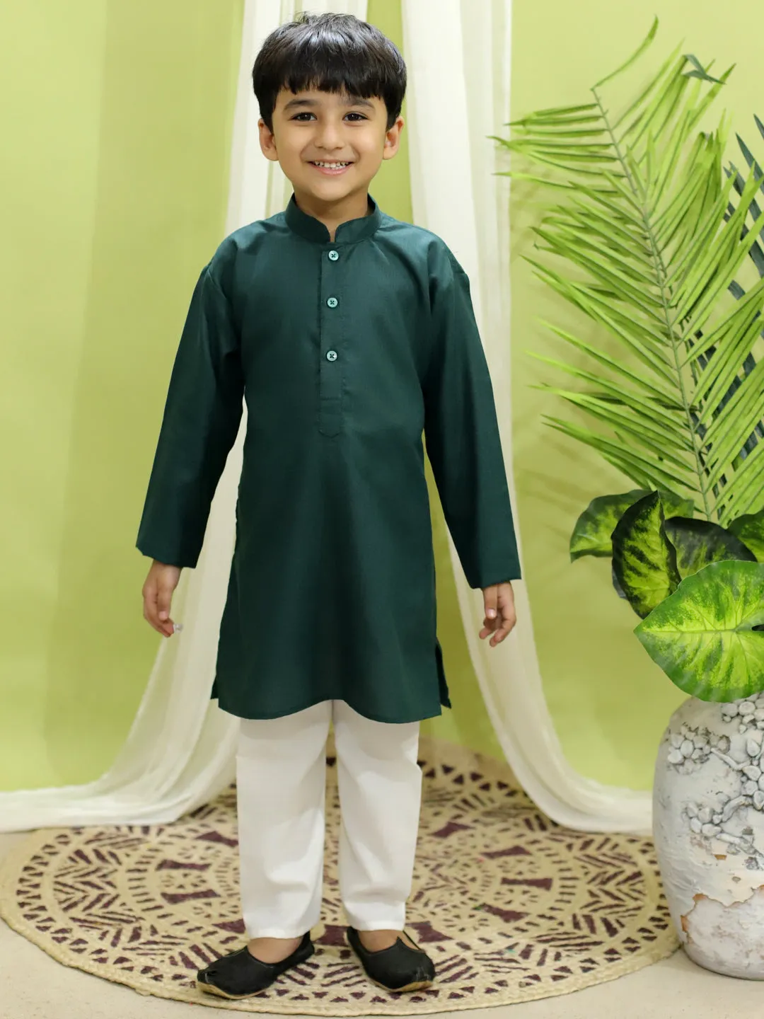 Boy's Green Cotton Kurta Sets - Bownbee