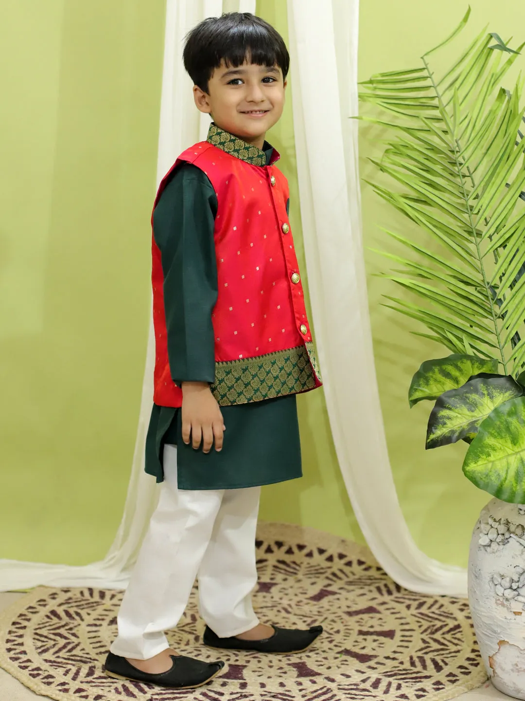 Boy's Green Cotton Kurta Sets - Bownbee