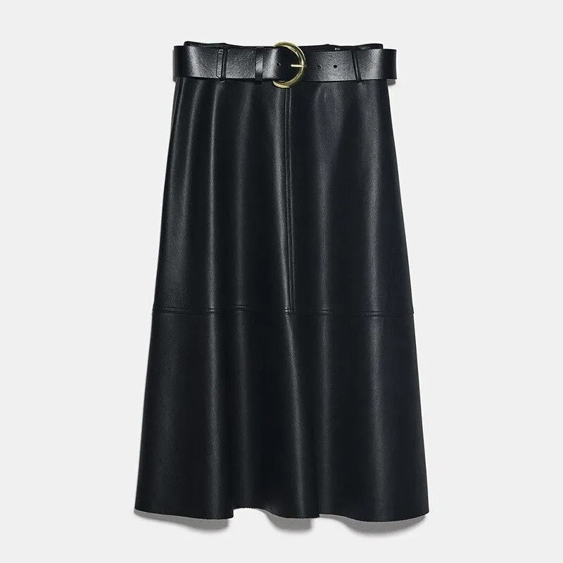 Brea Faux Leather Flare Midi Skirts