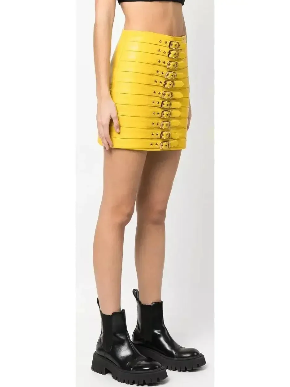 Buckle-Detail Leather Mini Skirt, Yellow