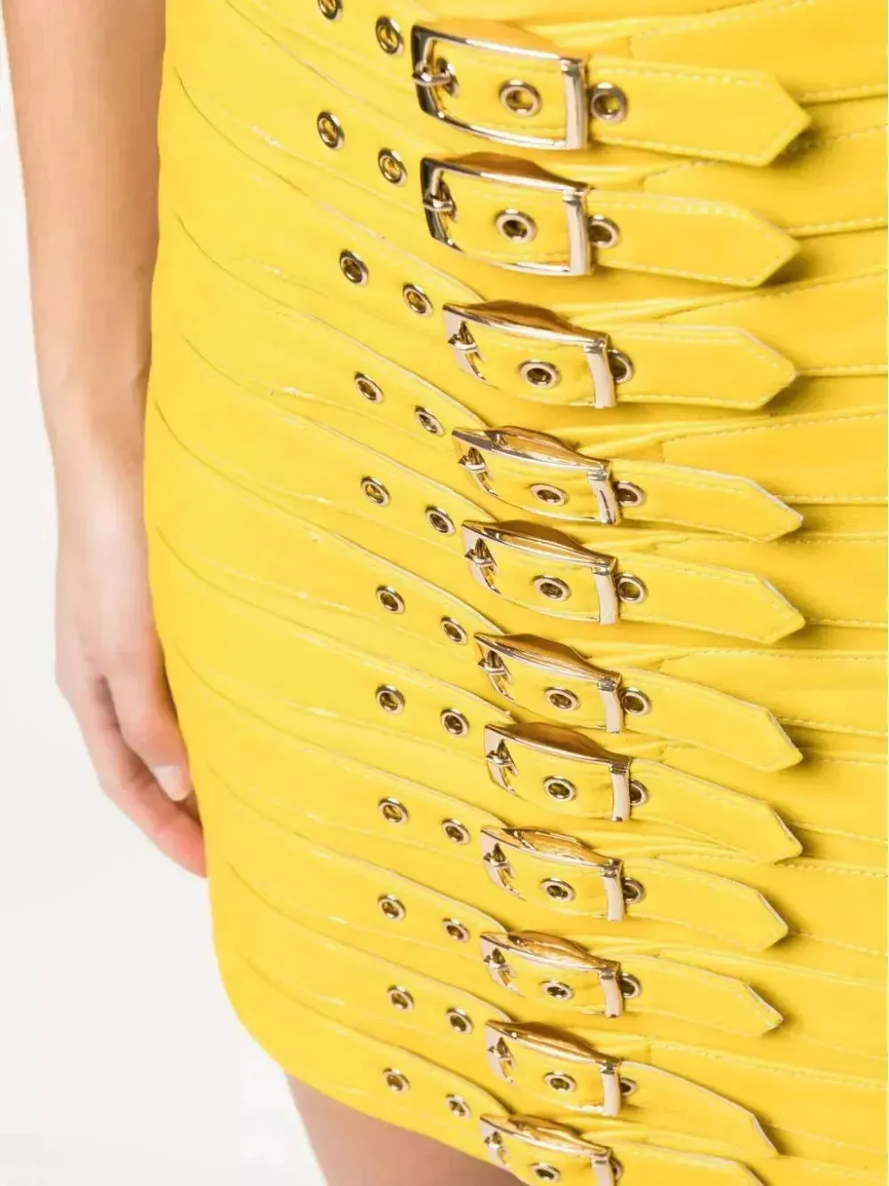 Buckle-Detail Leather Mini Skirt, Yellow