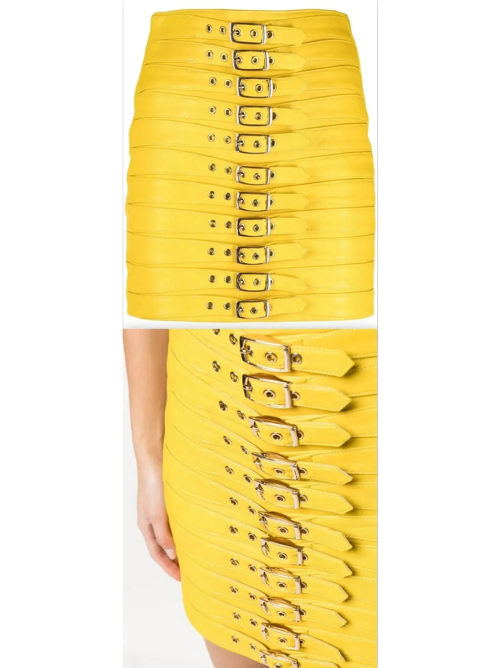 Buckle-Detail Leather Mini Skirt, Yellow