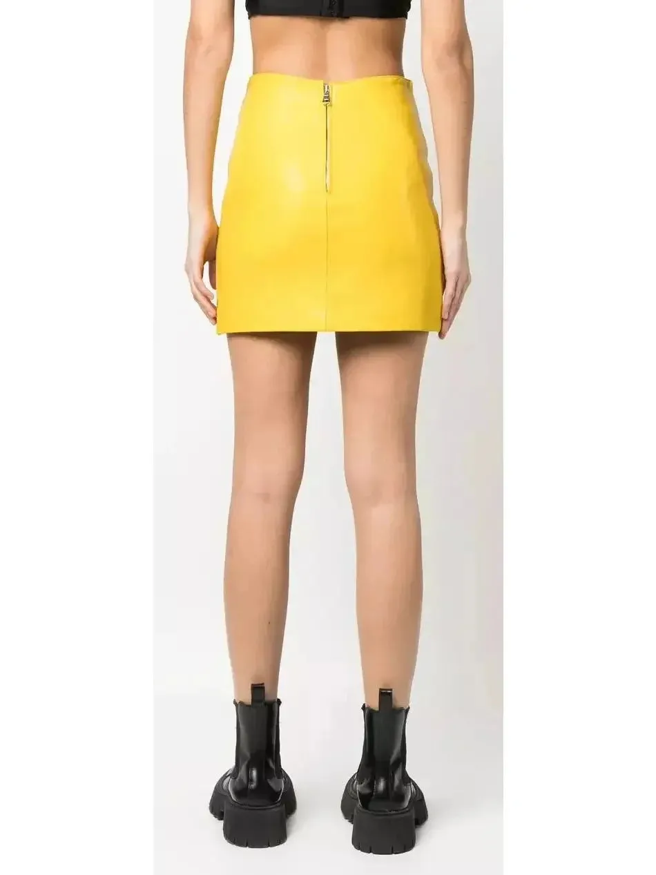 Buckle-Detail Leather Mini Skirt, Yellow