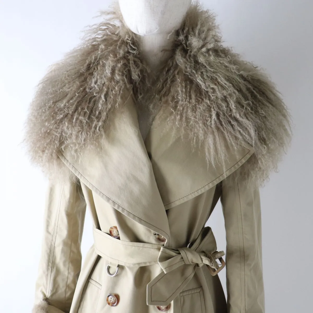 Burberry Lamb Fur Long Trench Coat Beige