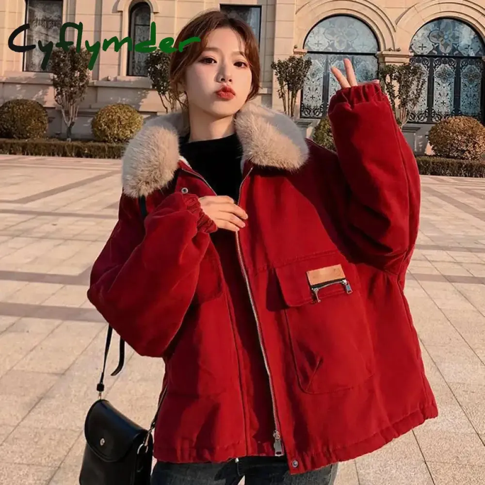 Cyflymder Korean Thick Fleece Women Winter Jacket Fashion Loose Warm Plush Parkas Female Elegant Lapel Zipper Pocket Velvet Coat