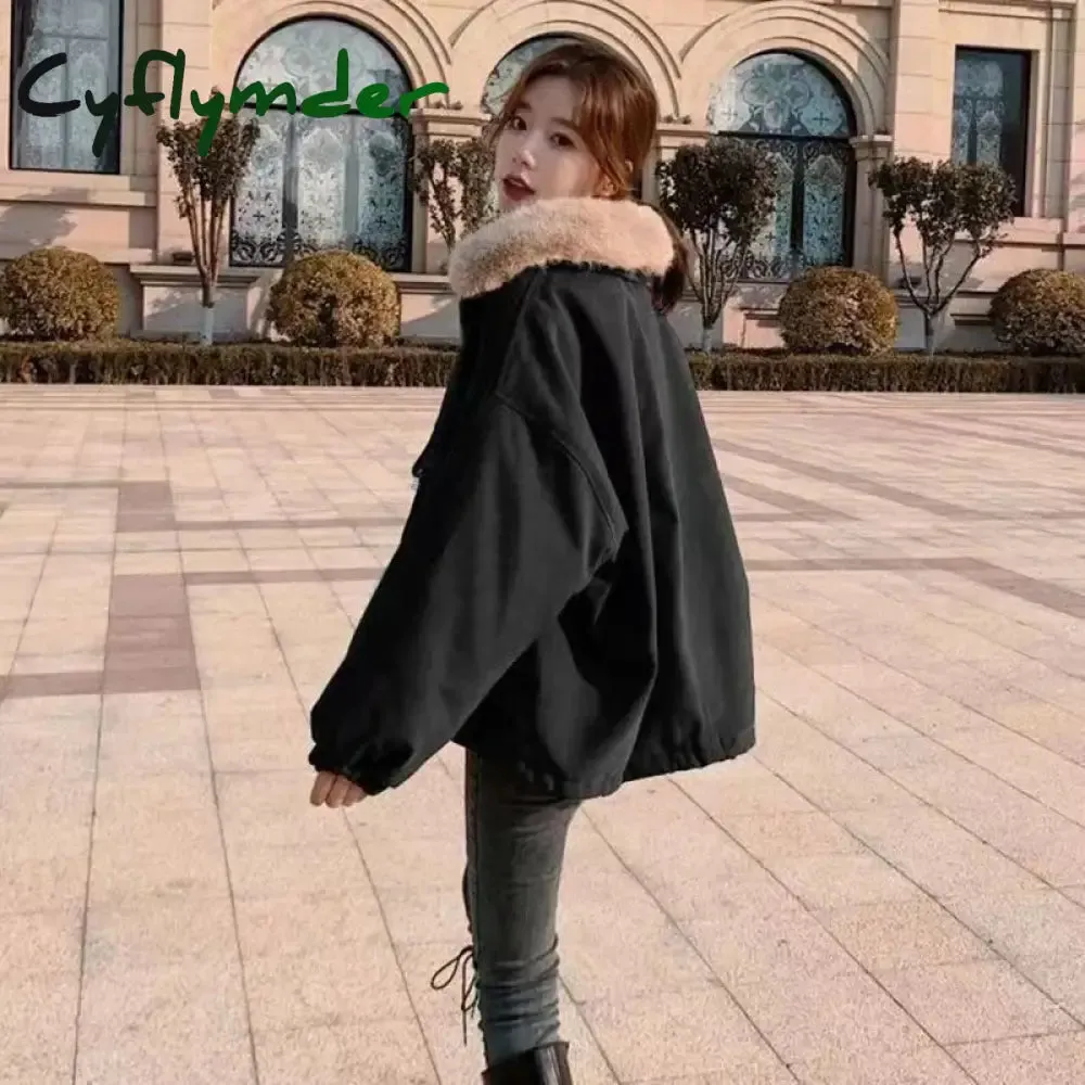 Cyflymder Korean Thick Fleece Women Winter Jacket Fashion Loose Warm Plush Parkas Female Elegant Lapel Zipper Pocket Velvet Coat