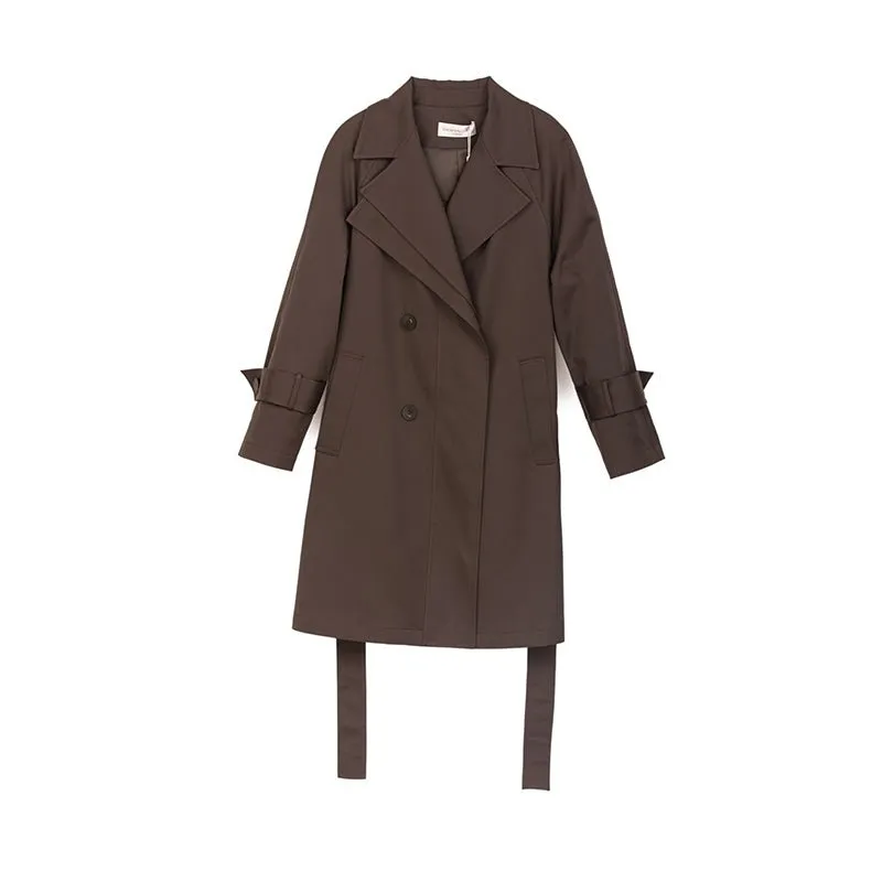 Dark Brown Belted Trench Coats Double Collar