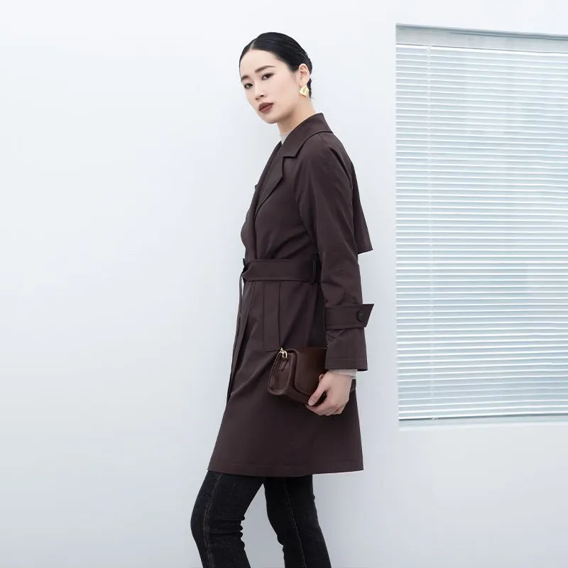 Dark Brown Belted Trench Coats Double Collar