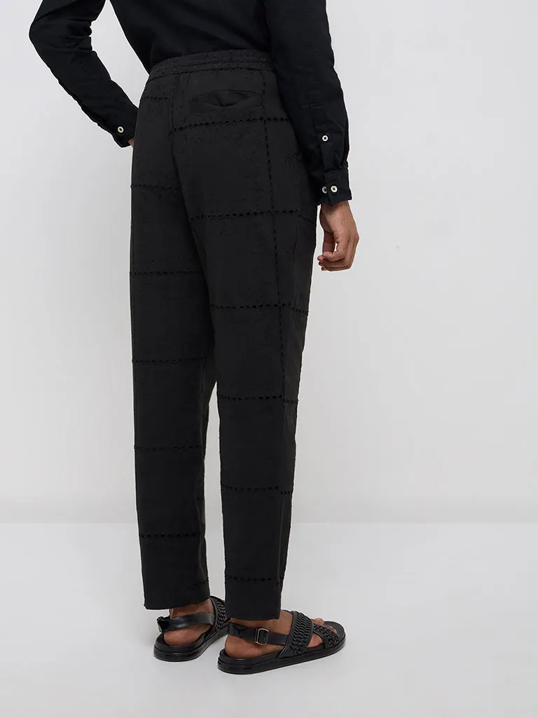 ETA Black Embroidered Relaxed-Fit Mid-Rise Cotton-Blend Chinos