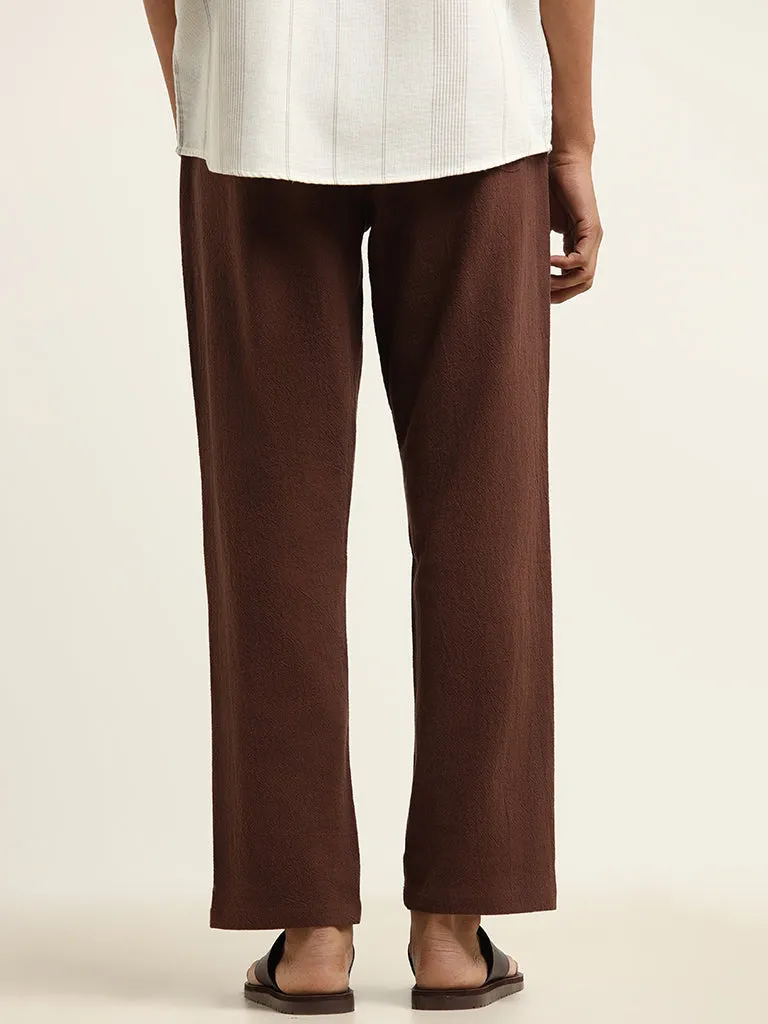 ETA Brown Self-Patterned Cotton Slim Fit Chinos