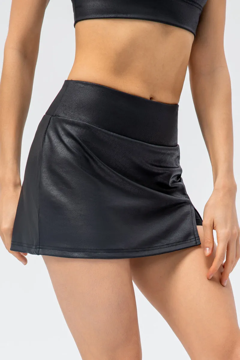 Faux Leather Tennis Skirts Built-in Short Liner