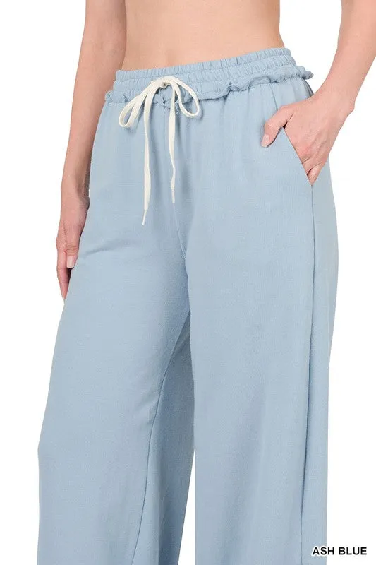 FRENCH TERRY DRAWSTRING WAIST RAW EDGE HEM PANTS