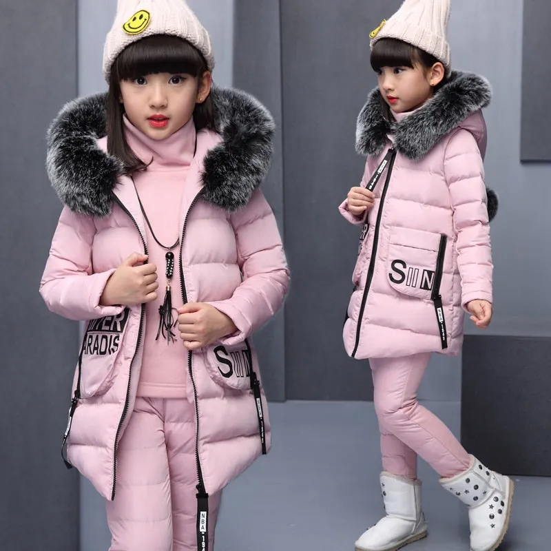 Girls Winter 3 Piece Set Jacket Warm Top Cotton Pants Kids Coats with Fur Hooded Outerwear