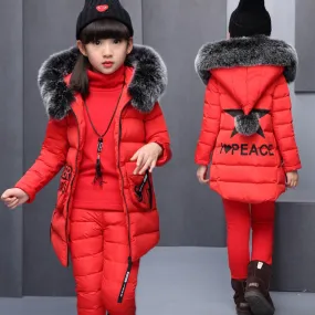 Girls Winter 3 Piece Set Jacket Warm Top Cotton Pants Kids Coats with Fur Hooded Outerwear