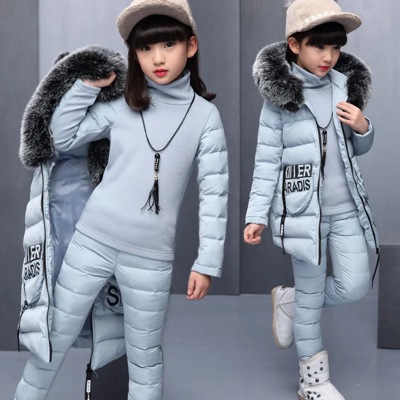 Girls Winter 3 Piece Set Jacket Warm Top Cotton Pants Kids Coats with Fur Hooded Outerwear