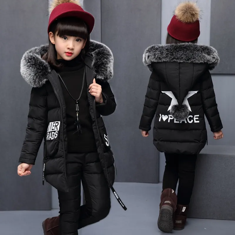 Girls Winter 3 Piece Set Jacket Warm Top Cotton Pants Kids Coats with Fur Hooded Outerwear