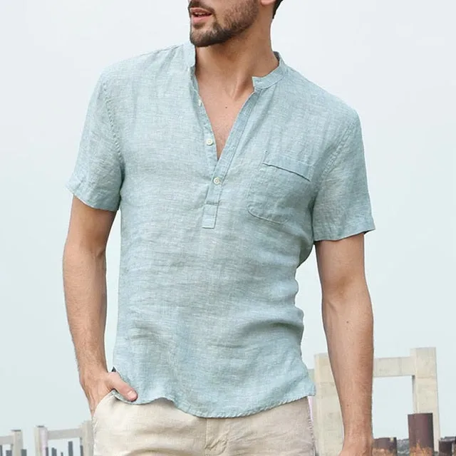 Mens Casual Shirts Short Sleeve V Neck Basic Blouse