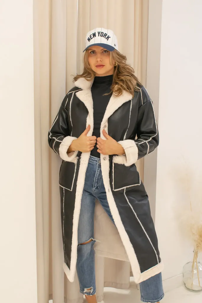 NEW TABATHA FAUX LEATHER/ FAUX FUR COAT (BLACK/CREAM)