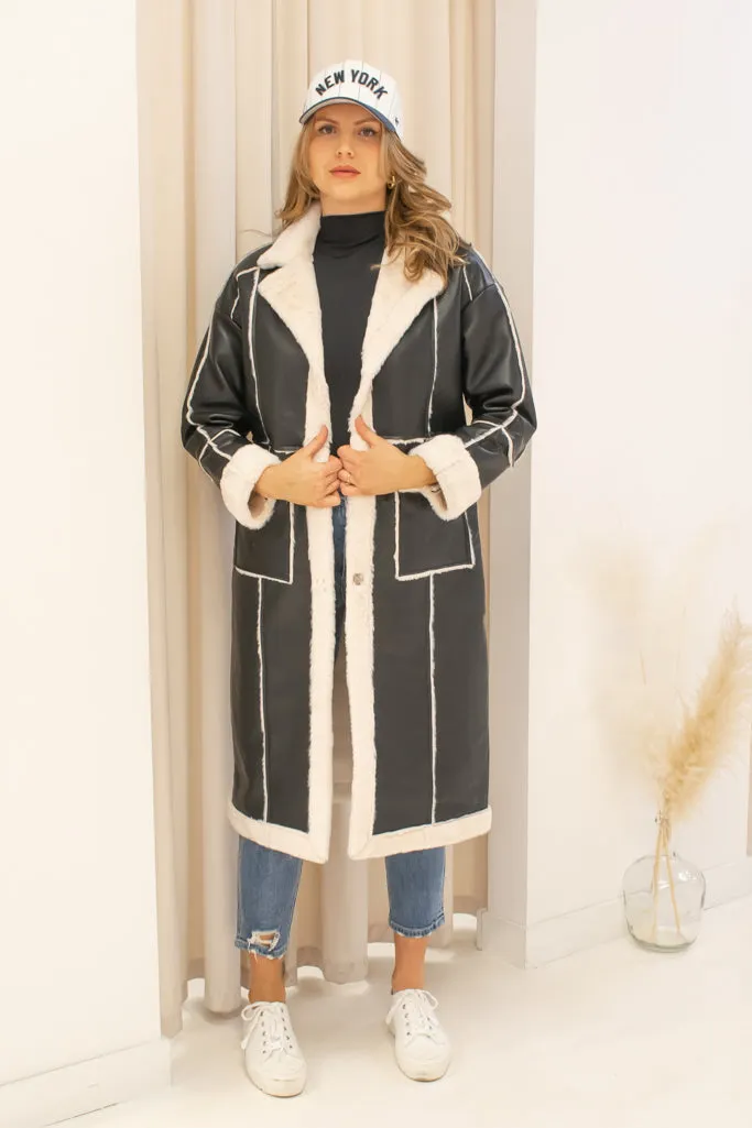 NEW TABATHA FAUX LEATHER/ FAUX FUR COAT (BLACK/CREAM)