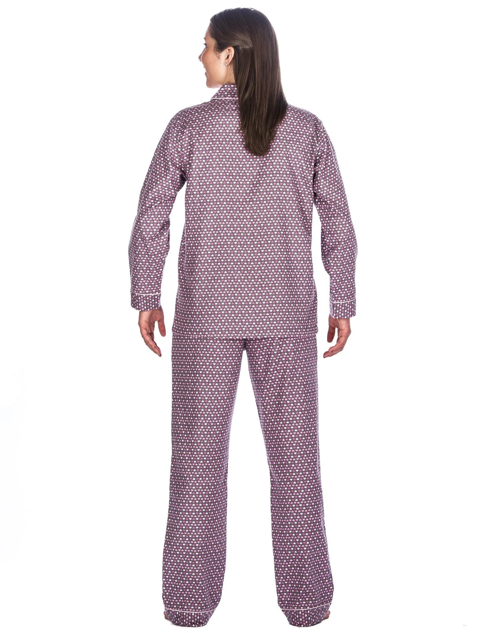 Realxed Fit Womens 100% Cotton Flannel Pajama Sleepwear Set - Hearts Pink