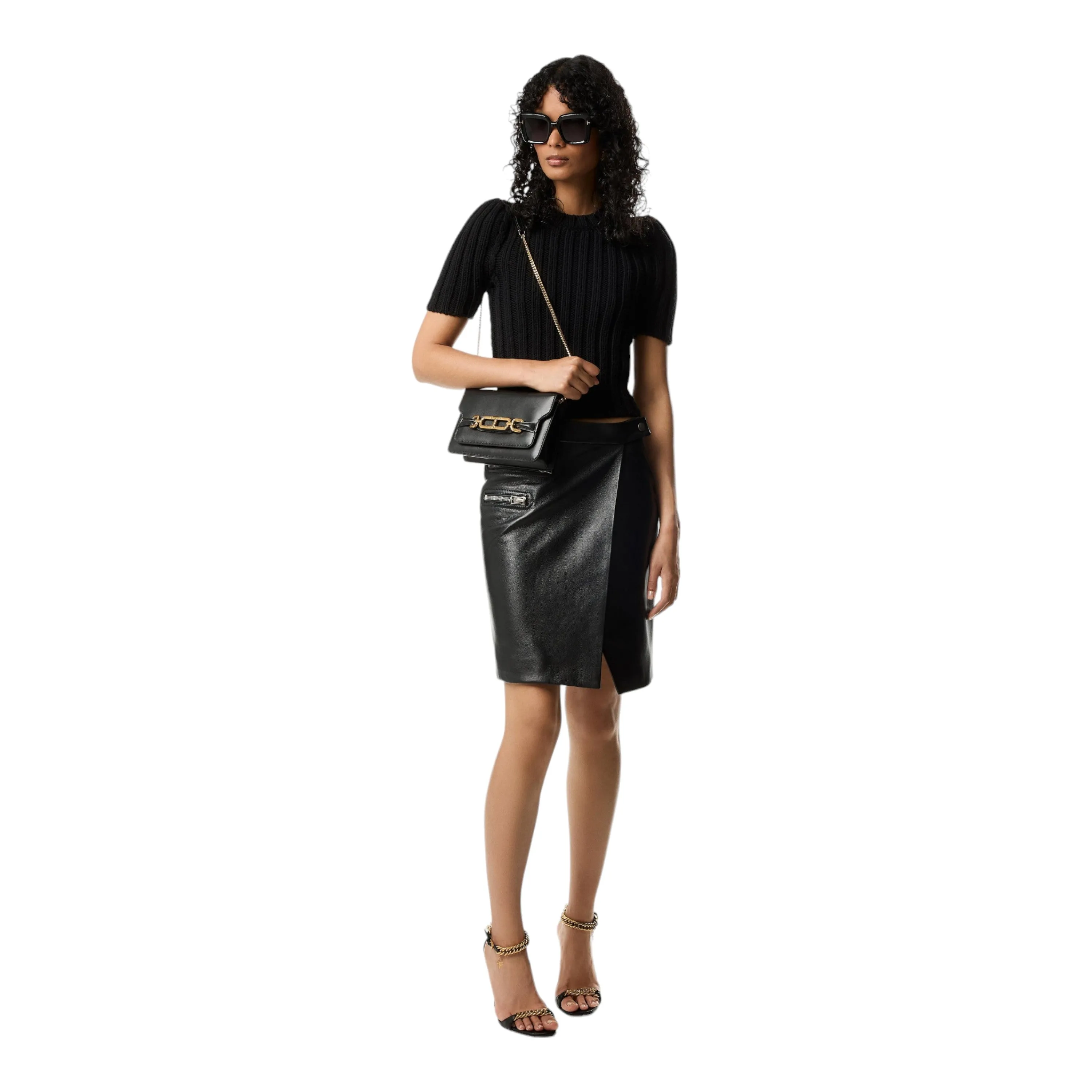 Shiny Grainy Calf Leather Wrap Skirt