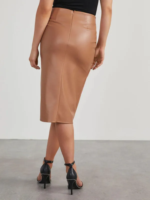 Solid Faux Leather Overskirt Knot Wrap Midi Skirt