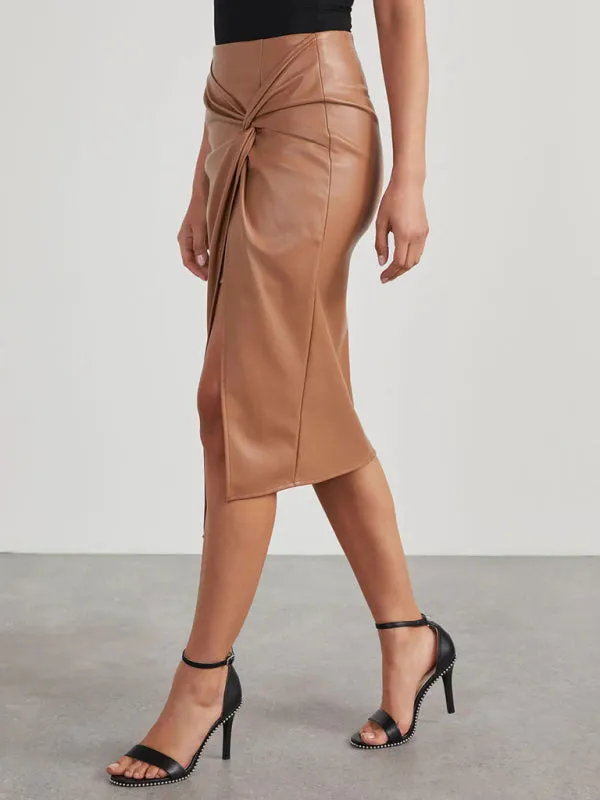 Solid Faux Leather Overskirt Knot Wrap Midi Skirt