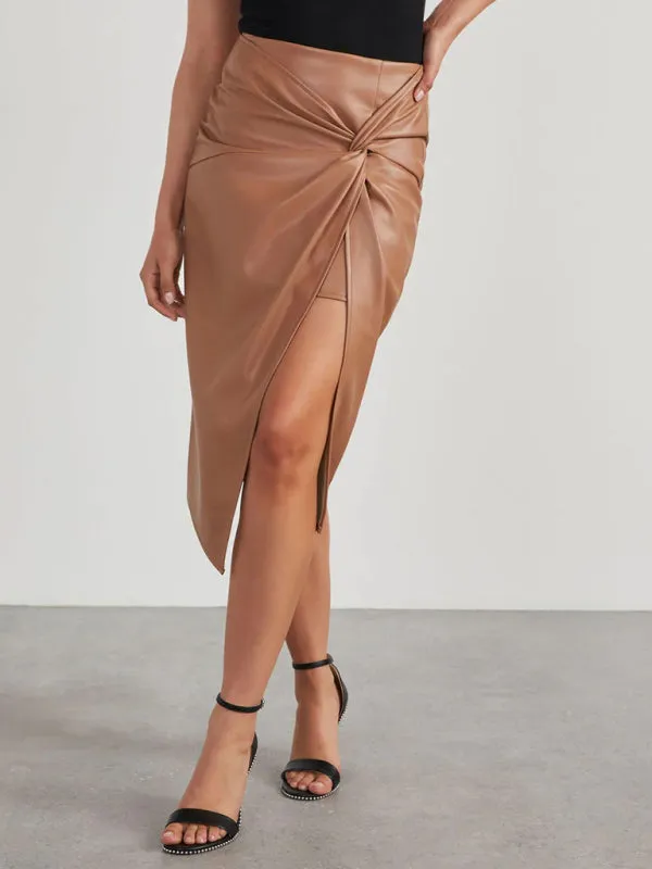 Solid Faux Leather Overskirt Knot Wrap Midi Skirt