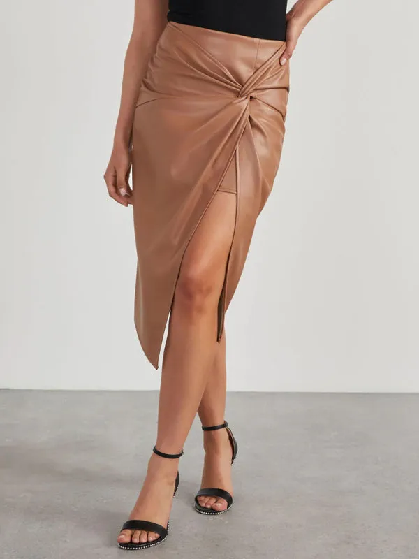 Solid Faux Leather Overskirt Knot Wrap Midi Skirt