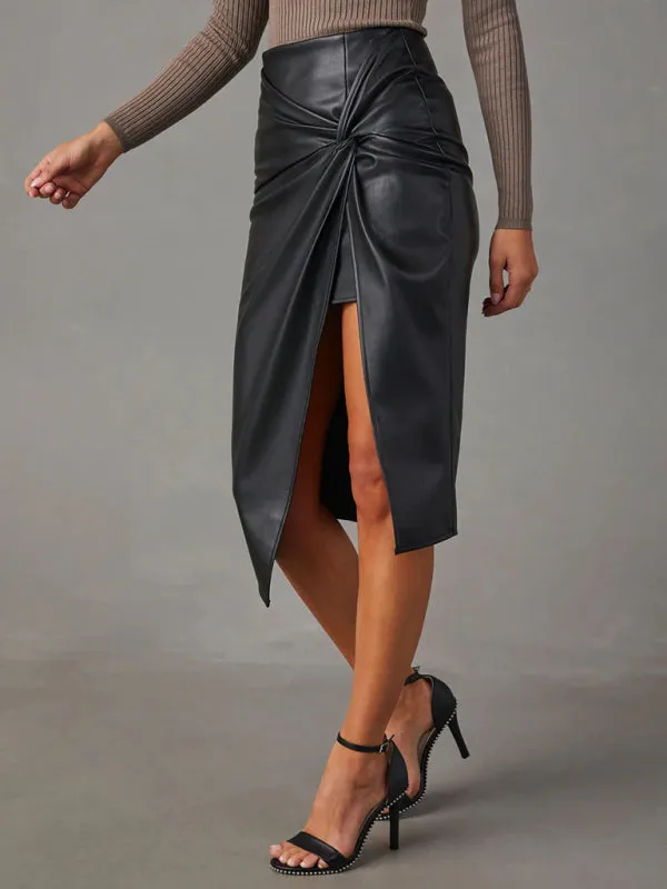 Solid Faux Leather Overskirt Knot Wrap Midi Skirt