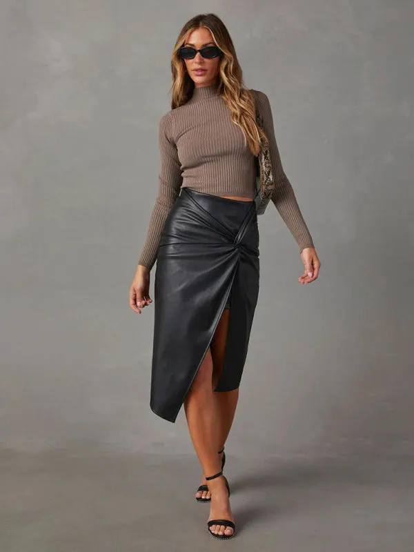 Solid Faux Leather Overskirt Knot Wrap Midi Skirt