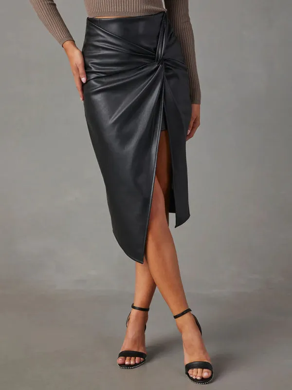 Solid Faux Leather Overskirt Knot Wrap Midi Skirt