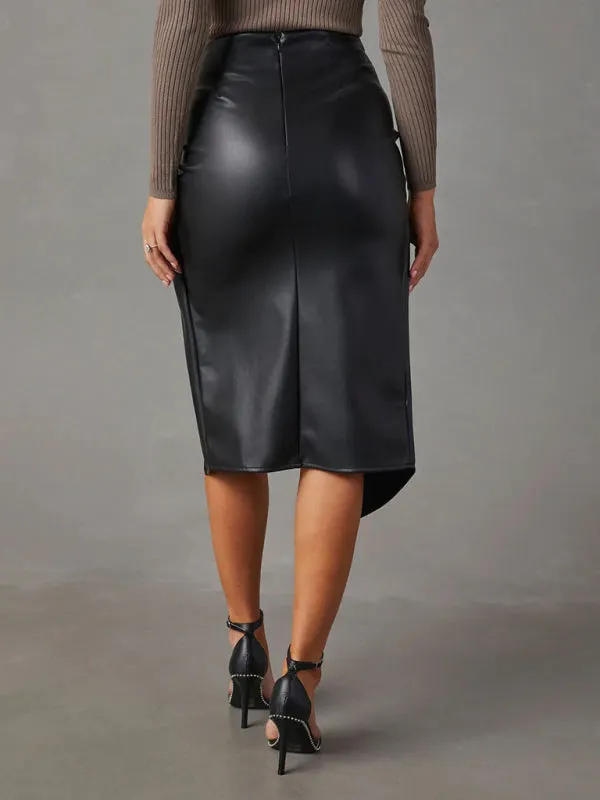 Solid Faux Leather Overskirt Knot Wrap Midi Skirt