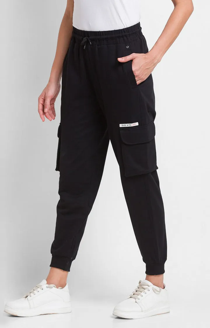 Spykar Black Cotton Regular Fit Trackpant For Women