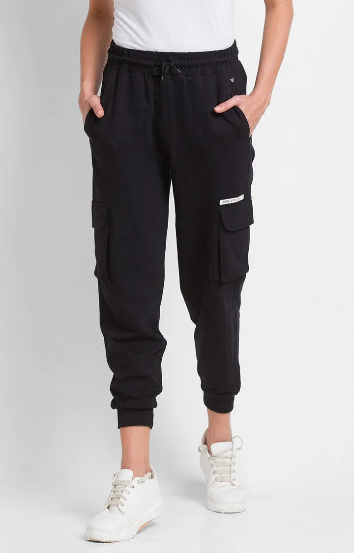 Spykar Black Cotton Regular Fit Trackpant For Women