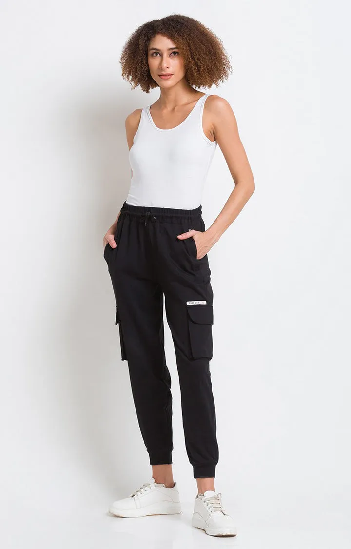 Spykar Black Cotton Regular Fit Trackpant For Women