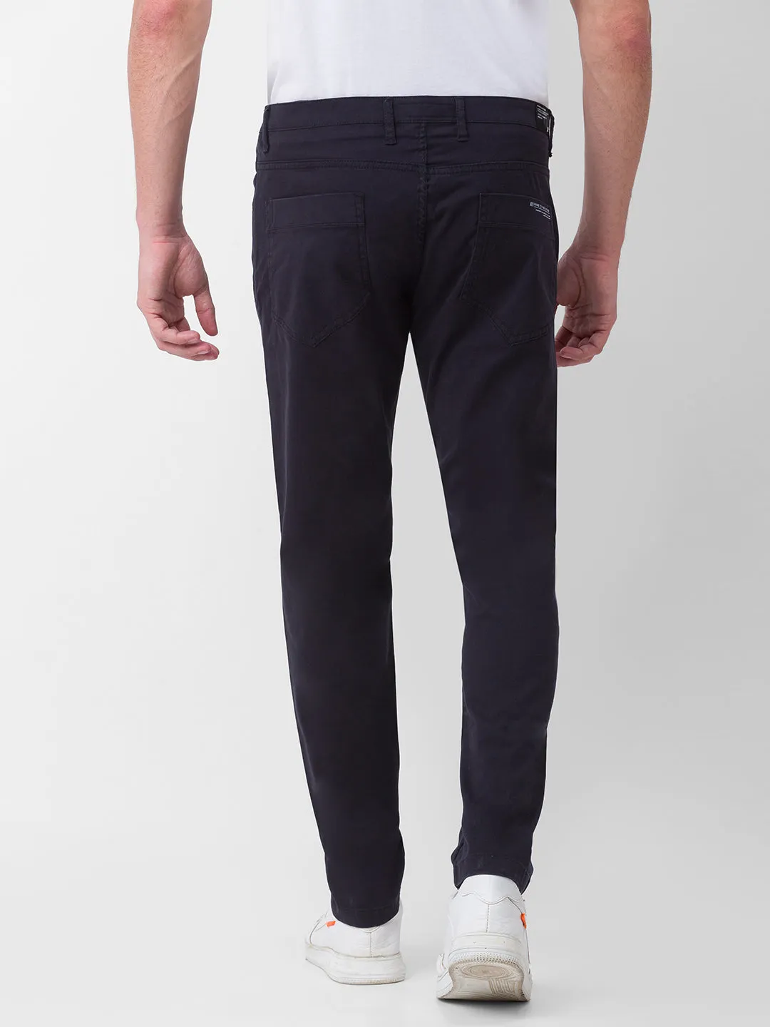 Spykar Black Cotton Slim Fit Tapered Length Trousers For Men