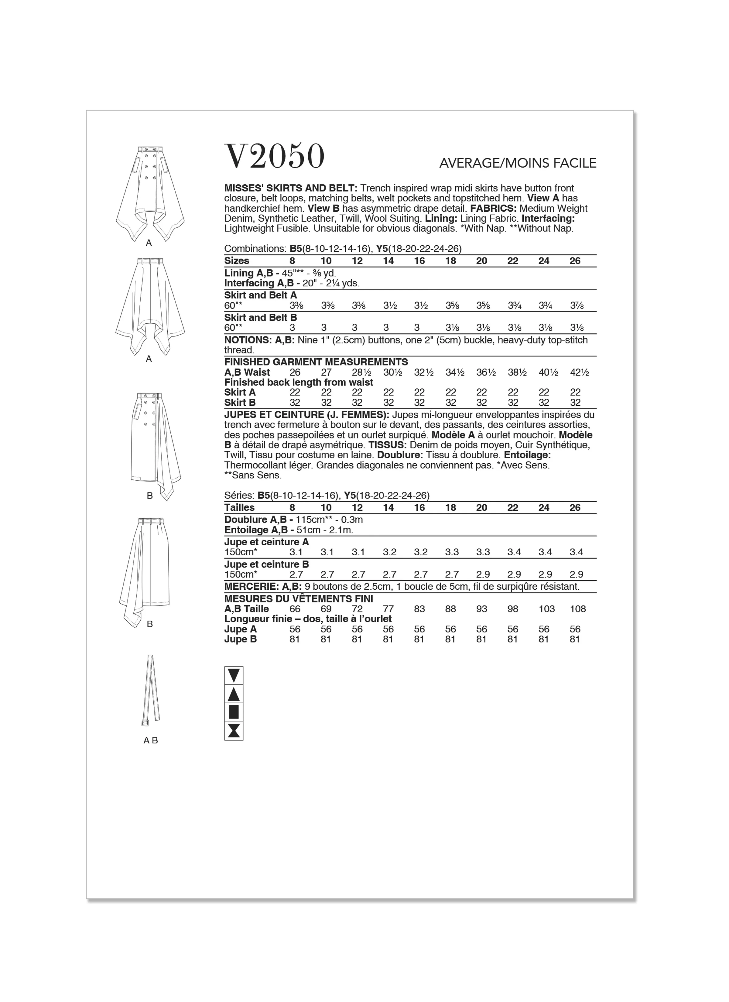 Vogue Sewing Pattern 2050 Skirts and Belt