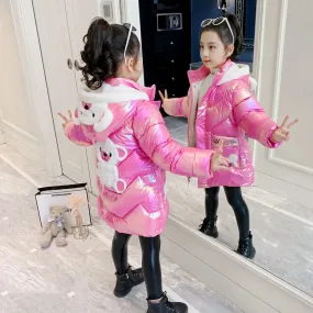 Winter Down Jacket Cute Bear Coats For Girls Fashion Bright Hooded Child Waterproof Outerwear 3 4 6 8 10 Years Girls Long