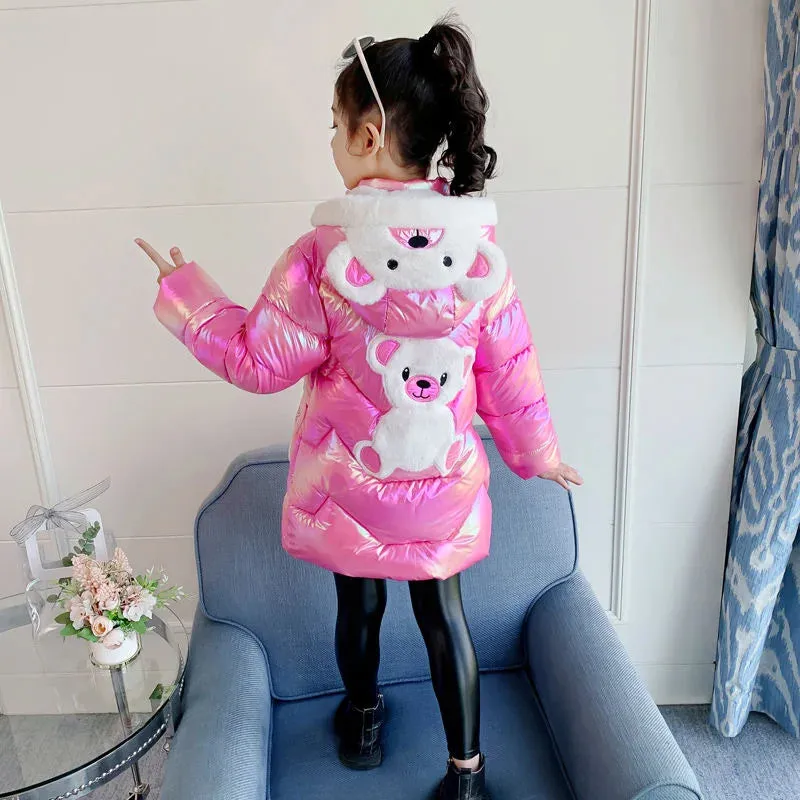 Winter Down Jacket Cute Bear Coats For Girls Fashion Bright Hooded Child Waterproof Outerwear 3 4 6 8 10 Years Girls Long